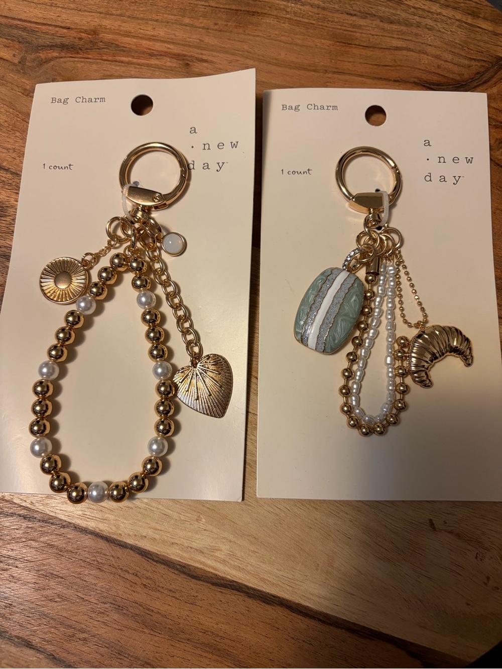 Two Keychains / Bag Charms Gold Croissant & Pearl with Gold Heart NWT